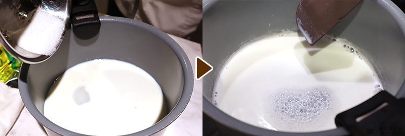 グラニュー糖(15g)を全投入し、中火で混ぜながら火にかける